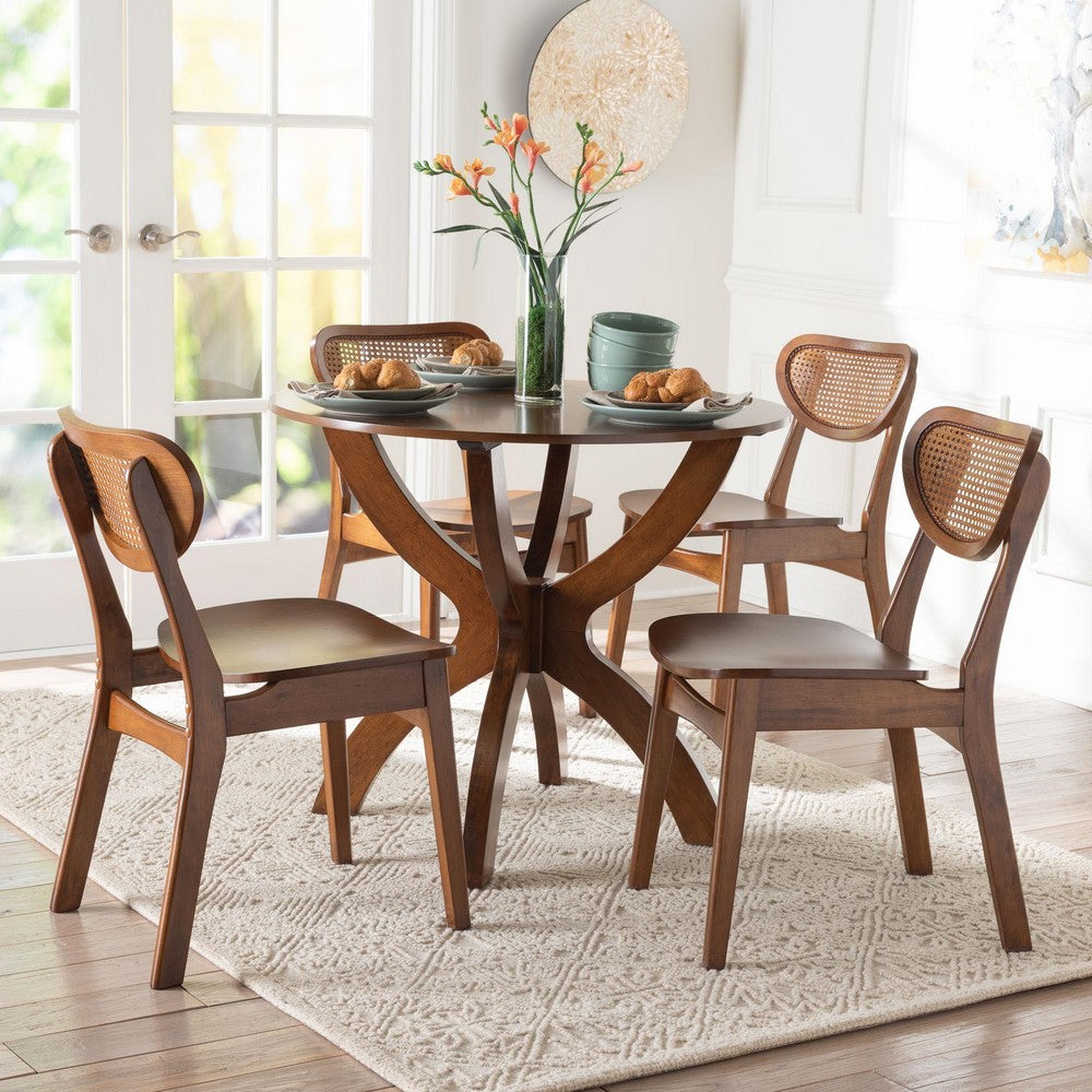 Baxton Studio - Kenna Dining Set in Brown/Walnut Brown - Kenna-Walnut Rattan-Round-5PC Dining Set view 8
