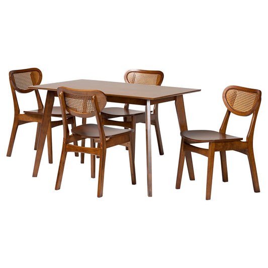 Baxton Studio - Kristy Dining Set in Brown/Walnut Brown - Kristy-Walnut Rattan-Rectangle-5PC Dining Set view 1