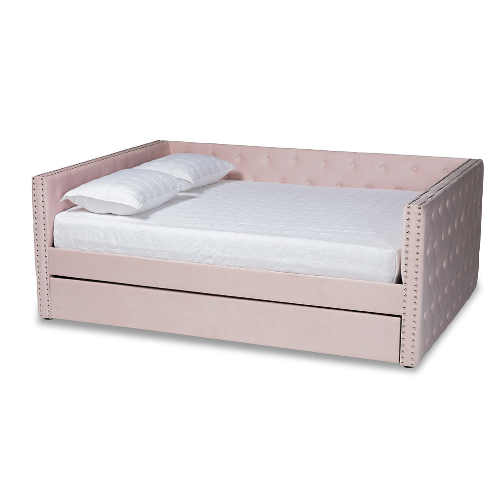 Baxton Studio - Larkin Full Size Daybed with Trundle in Pink - CF9227-Pink Velvet Velvet-Daybed-F/T view 1