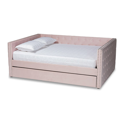 Baxton Studio - Larkin Full Size Daybed with Trundle in Pink - CF9227-Pink Velvet Velvet-Daybed-F/T view 1