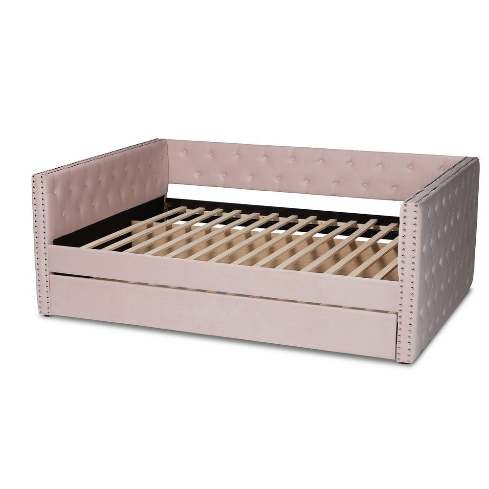 Baxton Studio - Larkin Full Size Daybed with Trundle in Pink - CF9227-Pink Velvet Velvet-Daybed-F/T view 4