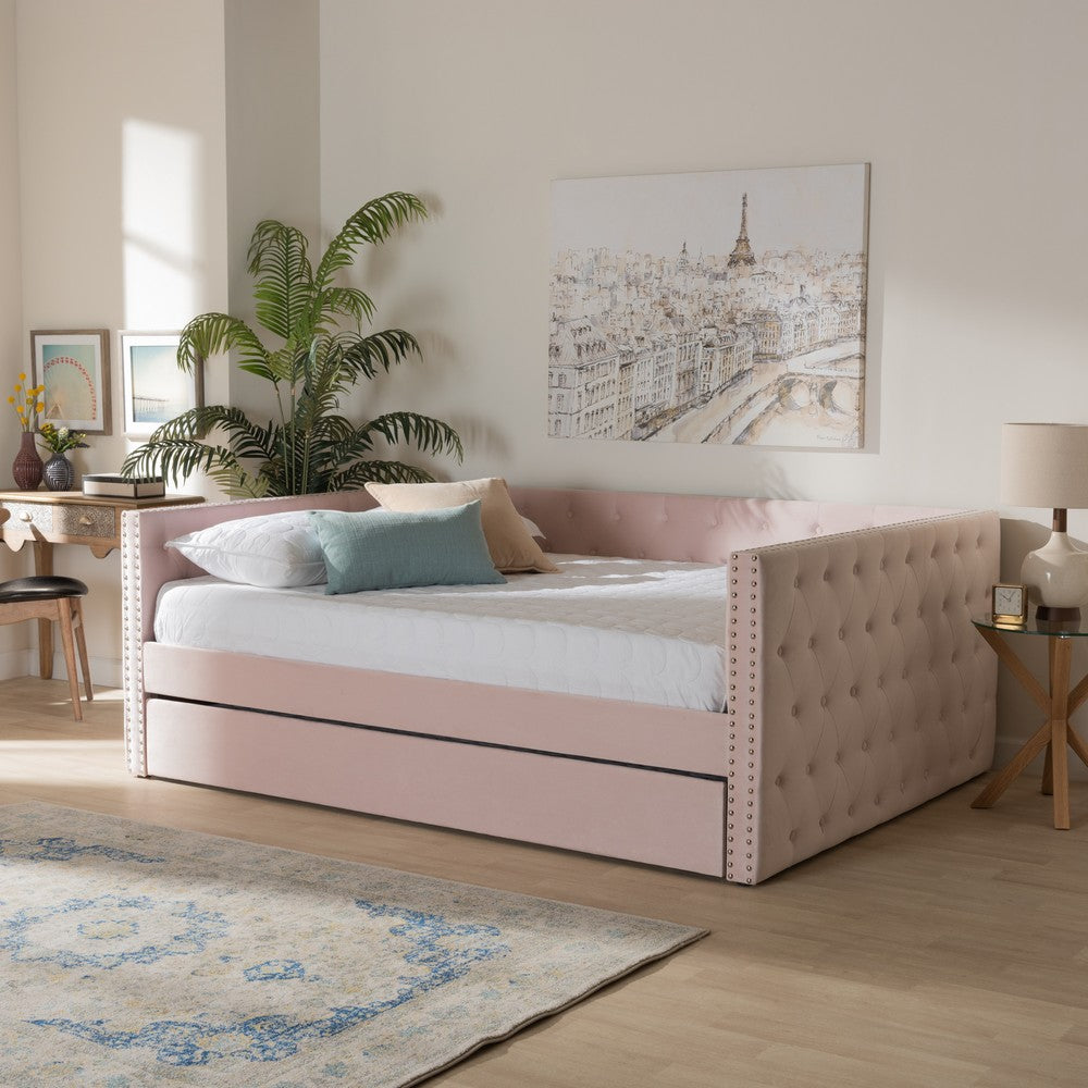 Baxton Studio - Larkin Full Size Daybed with Trundle in Pink - CF9227-Pink Velvet Velvet-Daybed-F/T view 8