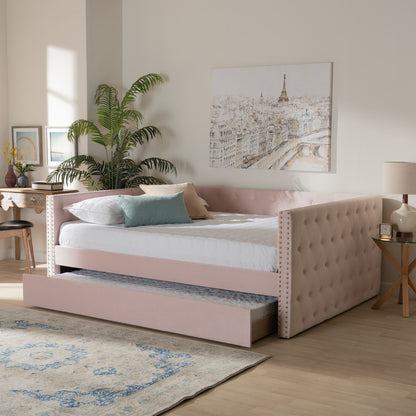Baxton Studio - Larkin Full Size Daybed with Trundle in Pink - CF9227-Pink Velvet Velvet-Daybed-F/T view 9