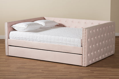 Baxton Studio - Larkin Full Size Daybed with Trundle in Pink - CF9227-Pink Velvet Velvet-Daybed-F/T view 10