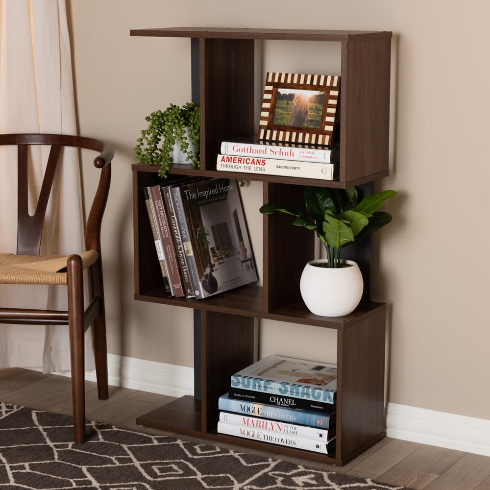 Baxton Studio - Legende Shelving Unit in Walnut Brown/Dark Grey - SEDV5004-Columbia Brown/Dark Grey-Shelf view 5