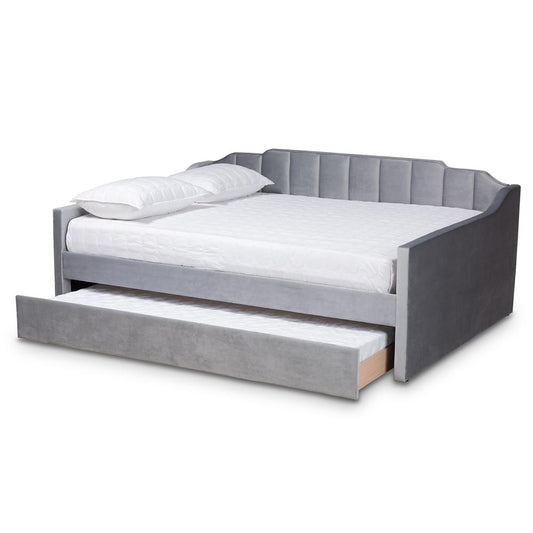 Baxton Studio - LenNon Full Size Daybed with Trundle in Grey - CF9172-Silver Grey Velvet-Daybed-F/T view 2