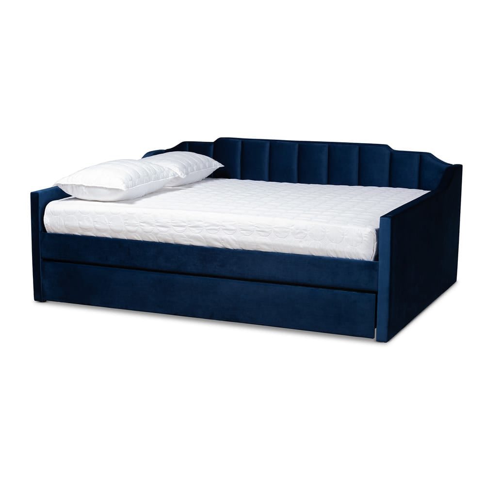 Baxton Studio - LenNon Full Size Daybed with Trundle in Navy Blue - CF9172-Navy Blue Velvet-Daybed-F/T view 1