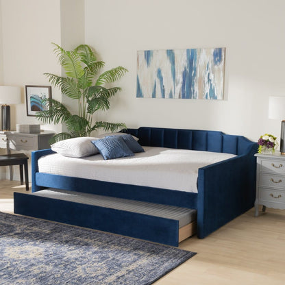 Baxton Studio - LenNon Full Size Daybed with Trundle in Navy Blue - CF9172-Navy Blue Velvet-Daybed-F/T view 8
