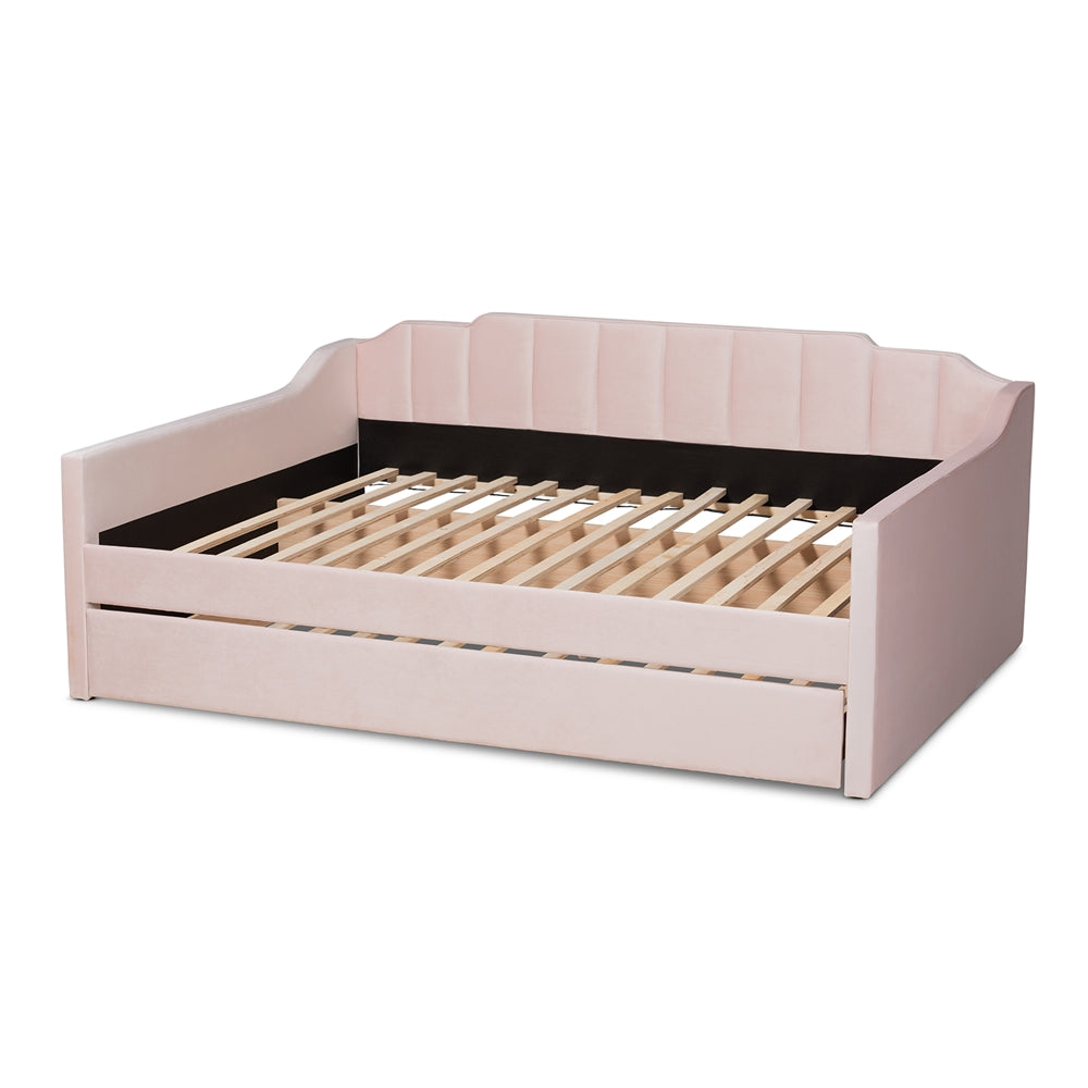 Baxton Studio - LenNon Full Size Daybed with Trundle in Pink - CF9172-Pink Velvet Velvet-Daybed-F/T view 4