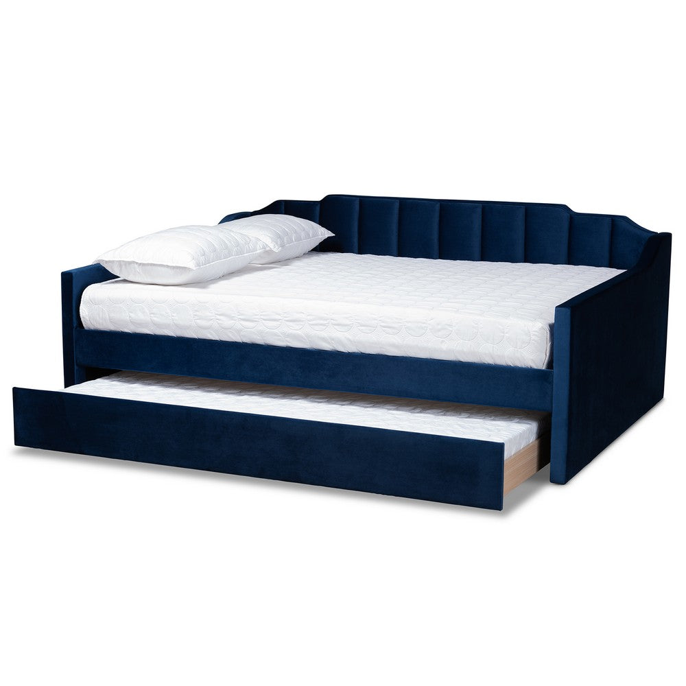 Baxton Studio - LenNon Queen Size Daybed with Trundle in Navy Blue - CF9172-Navy Blue Velvet-Daybed-Q/T view 2