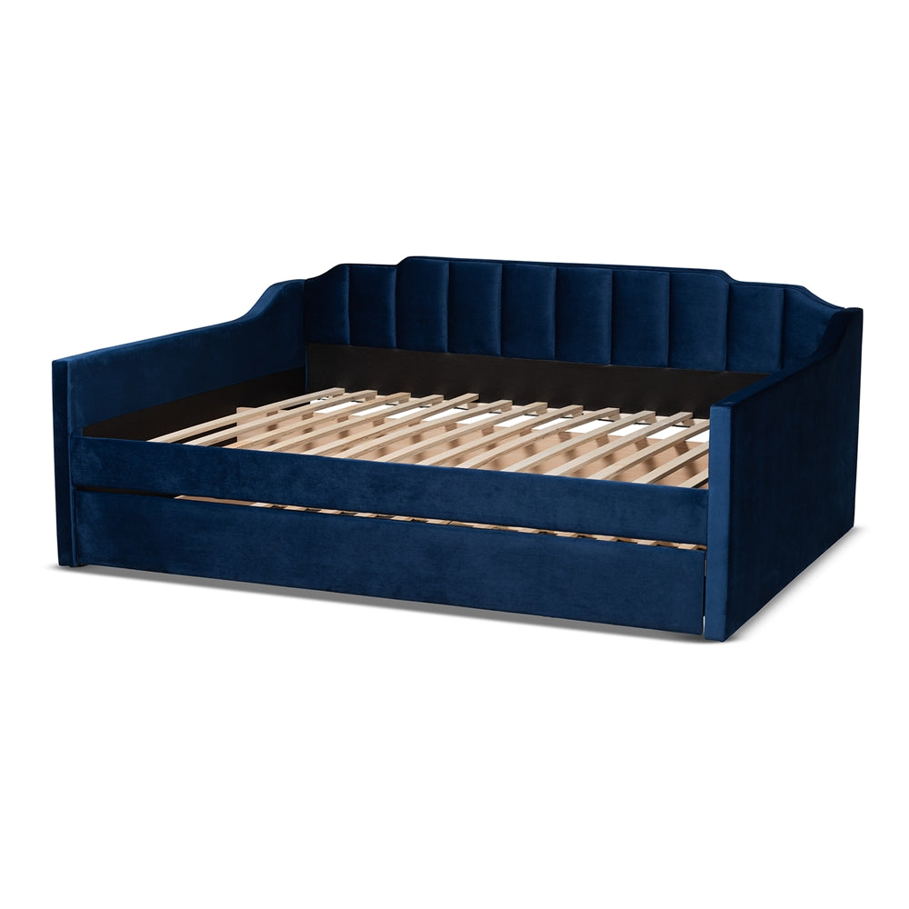 Baxton Studio - LenNon Queen Size Daybed with Trundle in Navy Blue - CF9172-Navy Blue Velvet-Daybed-Q/T view 4