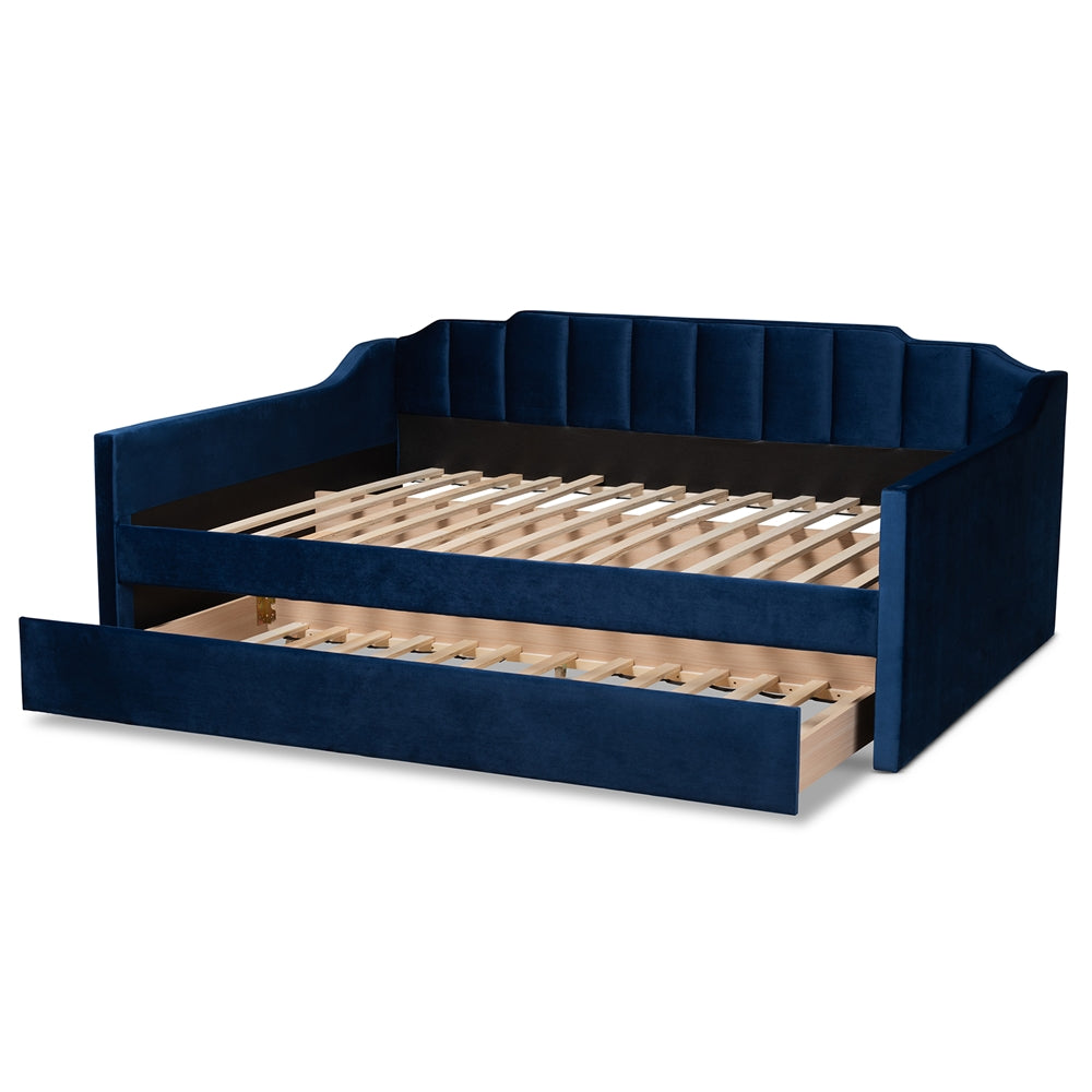 Baxton Studio - LenNon Queen Size Daybed with Trundle in Navy Blue - CF9172-Navy Blue Velvet-Daybed-Q/T view 5