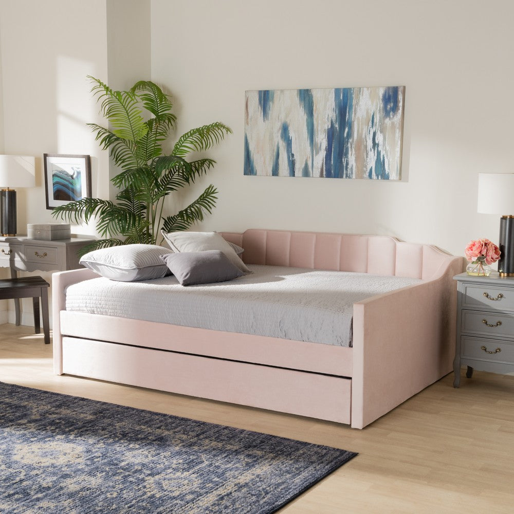 Baxton Studio - LenNon Queen Size Daybed with Trundle in Pink - CF9172-Pink Velvet Velvet-Daybed-Q/T view 7