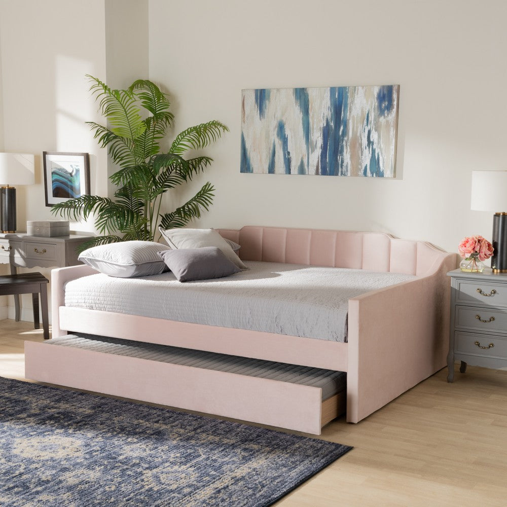 Baxton Studio - LenNon Queen Size Daybed with Trundle in Pink - CF9172-Pink Velvet Velvet-Daybed-Q/T view 8