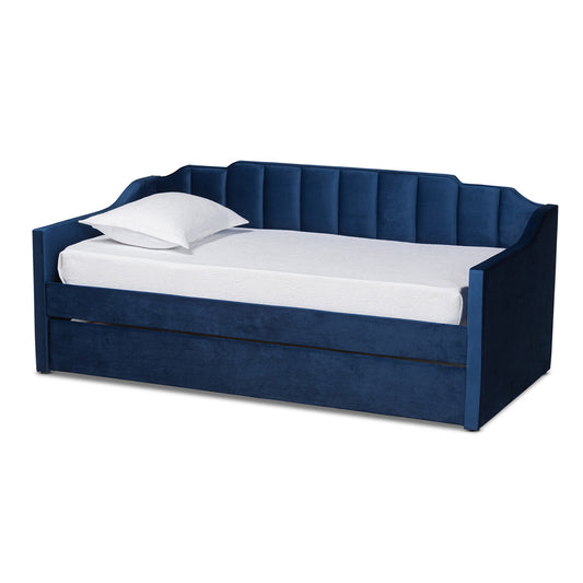 Baxton Studio - LenNon Twin Size Daybed with Trundle in Navy Blue - CF9172-Navy Blue Velvet-Daybed-T/T view 1