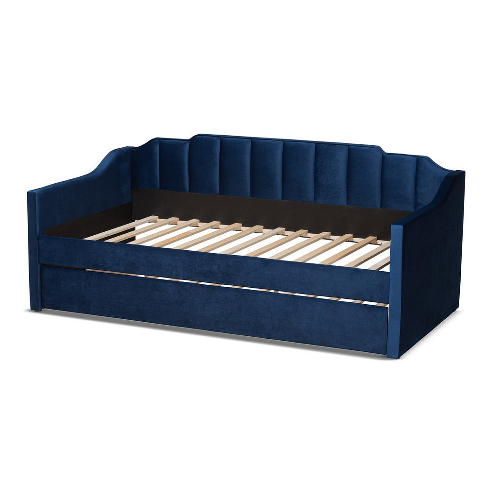 Baxton Studio - LenNon Twin Size Daybed with Trundle in Navy Blue - CF9172-Navy Blue Velvet-Daybed-T/T view 4
