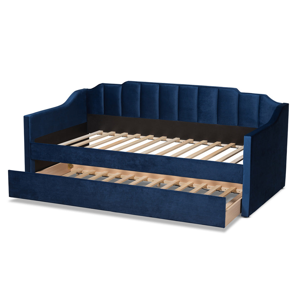 Baxton Studio - LenNon Twin Size Daybed with Trundle in Navy Blue - CF9172-Navy Blue Velvet-Daybed-T/T view 5