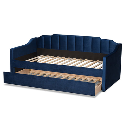 Baxton Studio - LenNon Twin Size Daybed with Trundle in Navy Blue - CF9172-Navy Blue Velvet-Daybed-T/T view 5