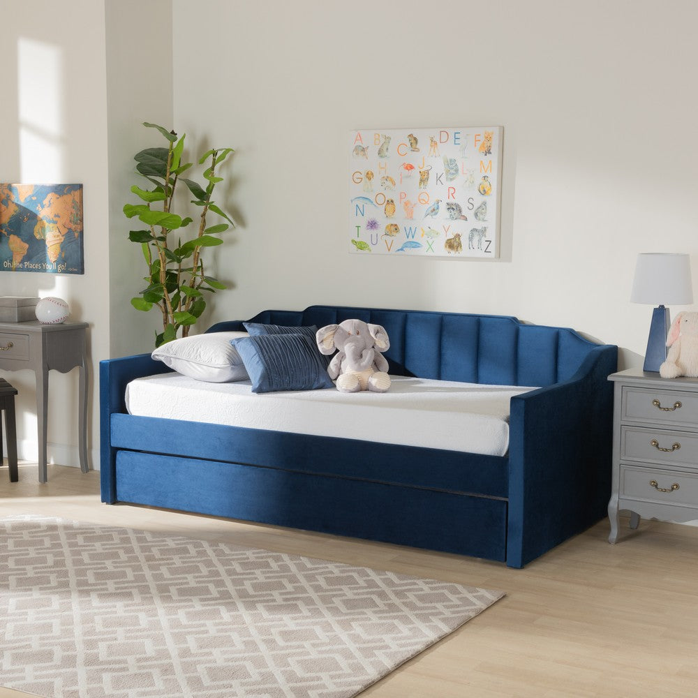 Baxton Studio - LenNon Twin Size Daybed with Trundle in Navy Blue - CF9172-Navy Blue Velvet-Daybed-T/T view 7