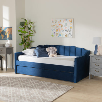 Baxton Studio - LenNon Twin Size Daybed with Trundle in Navy Blue - CF9172-Navy Blue Velvet-Daybed-T/T view 7