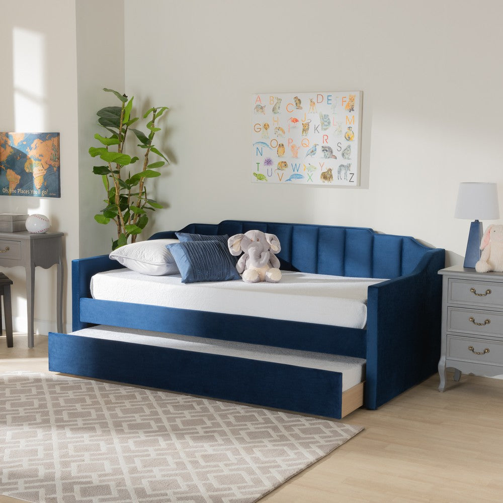 Baxton Studio - LenNon Twin Size Daybed with Trundle in Navy Blue - CF9172-Navy Blue Velvet-Daybed-T/T view 8