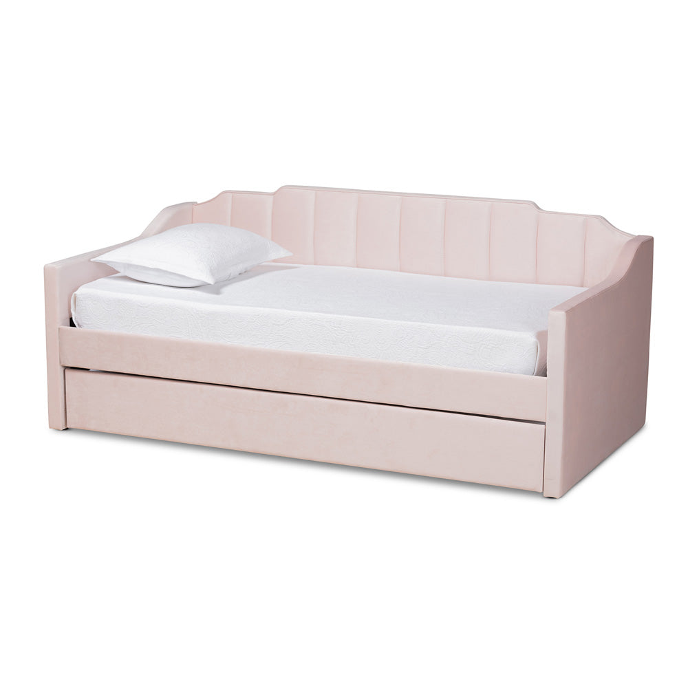 Baxton Studio - LenNon Twin Size Daybed with Trundle in Pink - CF9172-Pink Velvet Velvet-Daybed-T/T view 1