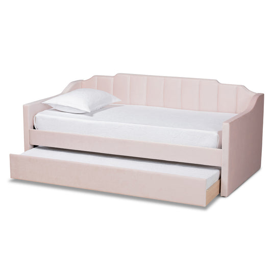 Baxton Studio - LenNon Twin Size Daybed with Trundle in Pink - CF9172-Pink Velvet Velvet-Daybed-T/T view 2