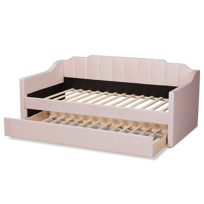 Baxton Studio - LenNon Twin Size Daybed with Trundle in Pink - CF9172-Pink Velvet Velvet-Daybed-T/T view 5