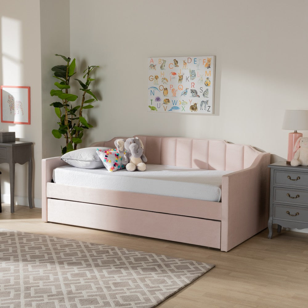 Baxton Studio - LenNon Twin Size Daybed with Trundle in Pink - CF9172-Pink Velvet Velvet-Daybed-T/T view 7