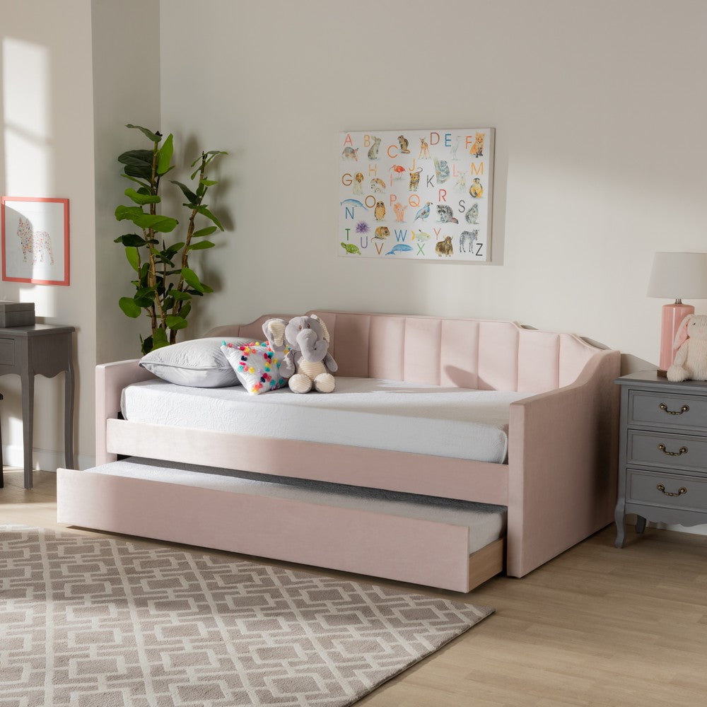 Baxton Studio - LenNon Twin Size Daybed with Trundle in Pink - CF9172-Pink Velvet Velvet-Daybed-T/T view 8