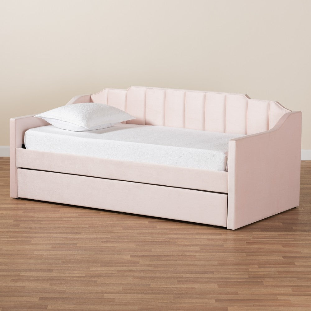 Baxton Studio - LenNon Twin Size Daybed with Trundle in Pink - CF9172-Pink Velvet Velvet-Daybed-T/T view 9