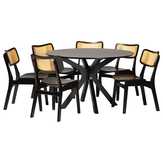 Baxton Studio - Linnet Dining Set in Dark Brown/Light Brown - RH254C-Natural Rattan/DB-Round-7PC Dining Set view 1