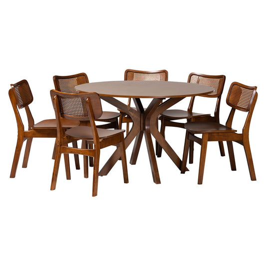 Baxton Studio - Linnet Dining Set in Walnut Brown/Brown - RH254C-Walnut Rattan-Round-7PC Dining Set view 1