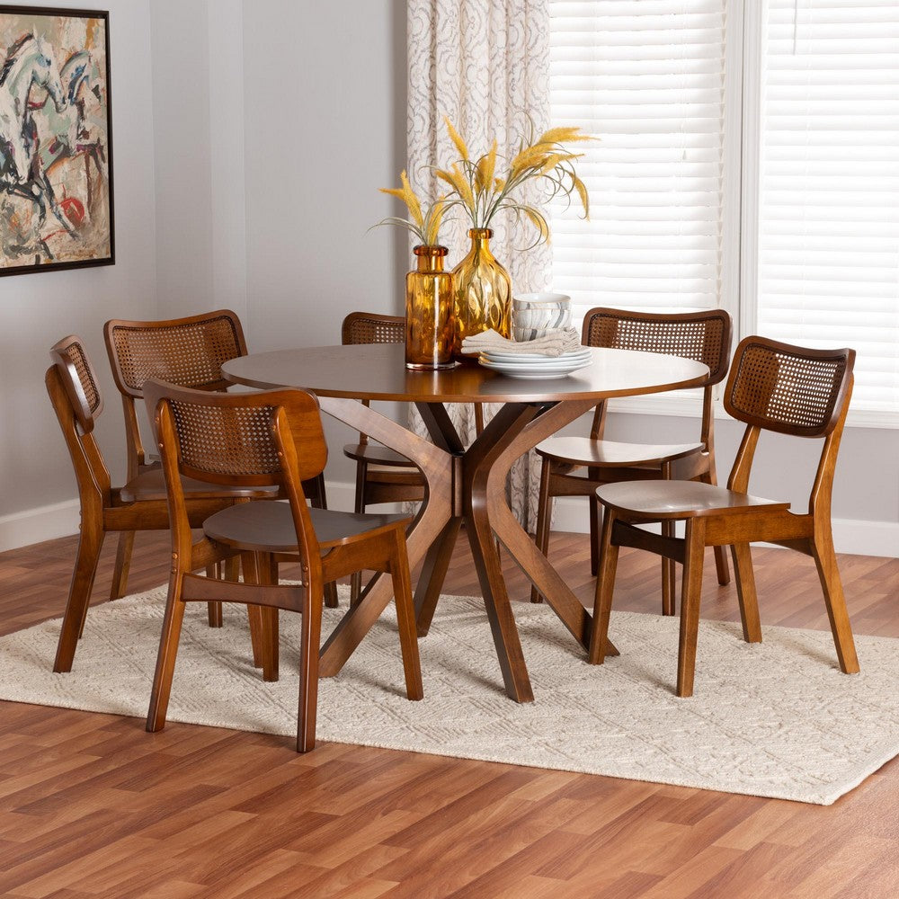 Baxton Studio - Linnet Dining Set in Walnut Brown/Brown - RH254C-Walnut Rattan-Round-7PC Dining Set view 8