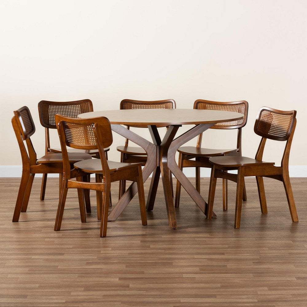 Baxton Studio - Linnet Dining Set in Walnut Brown/Brown - RH254C-Walnut Rattan-Round-7PC Dining Set view 9