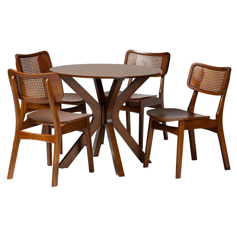 Baxton Studio - Linnet Dining Set in Walnut Brown/Light Brown - RH254C-Walnut Rattan-Round-5PC Dining Set view 1