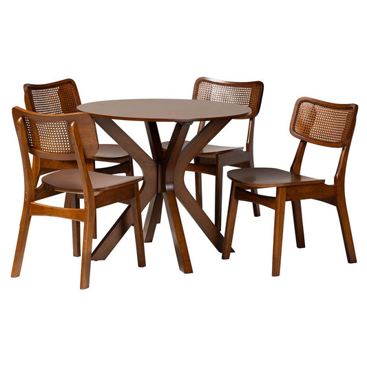 Baxton Studio - Linnet Dining Set in Walnut Brown/Light Brown - RH254C-Walnut Rattan-Round-5PC Dining Set view 1
