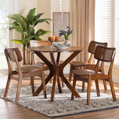 Baxton Studio - Linnet Dining Set in Walnut Brown/Light Brown - RH254C-Walnut Rattan-Round-5PC Dining Set view 8