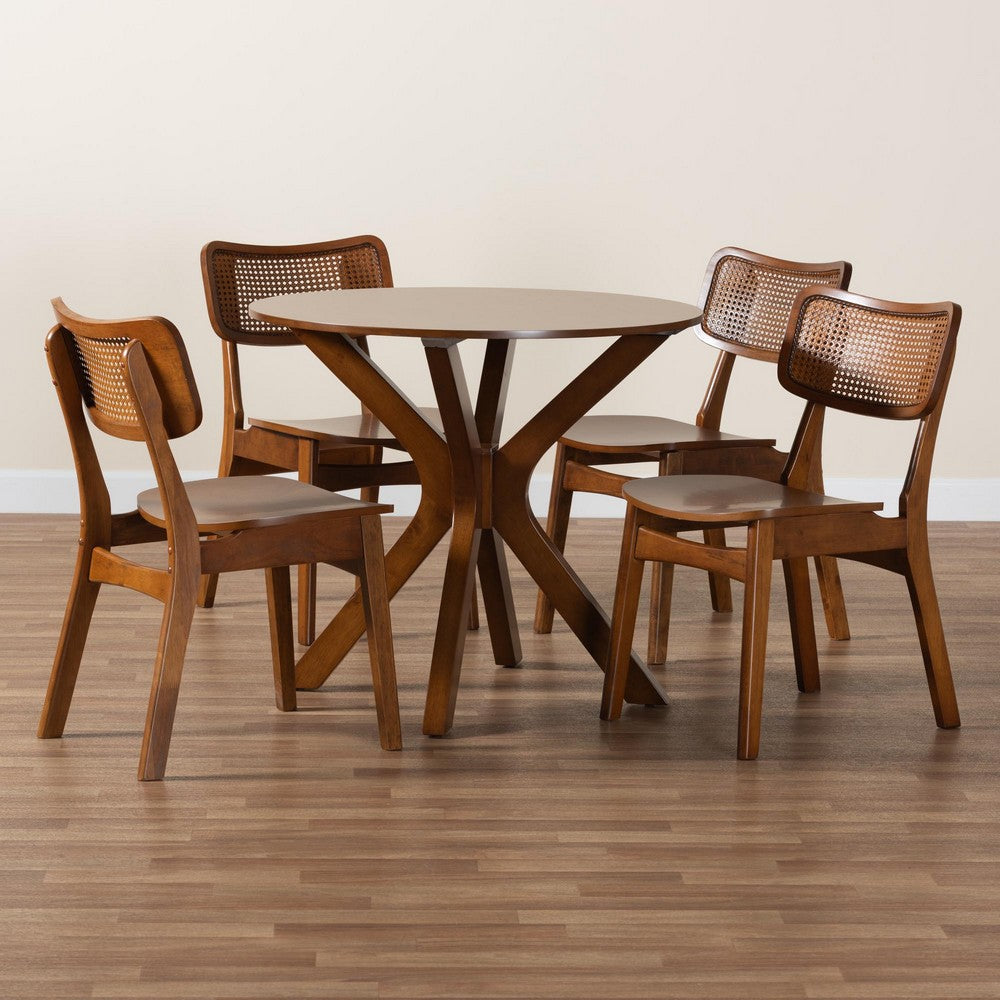 Baxton Studio - Linnet Dining Set in Walnut Brown/Light Brown - RH254C-Walnut Rattan-Round-5PC Dining Set view 9
