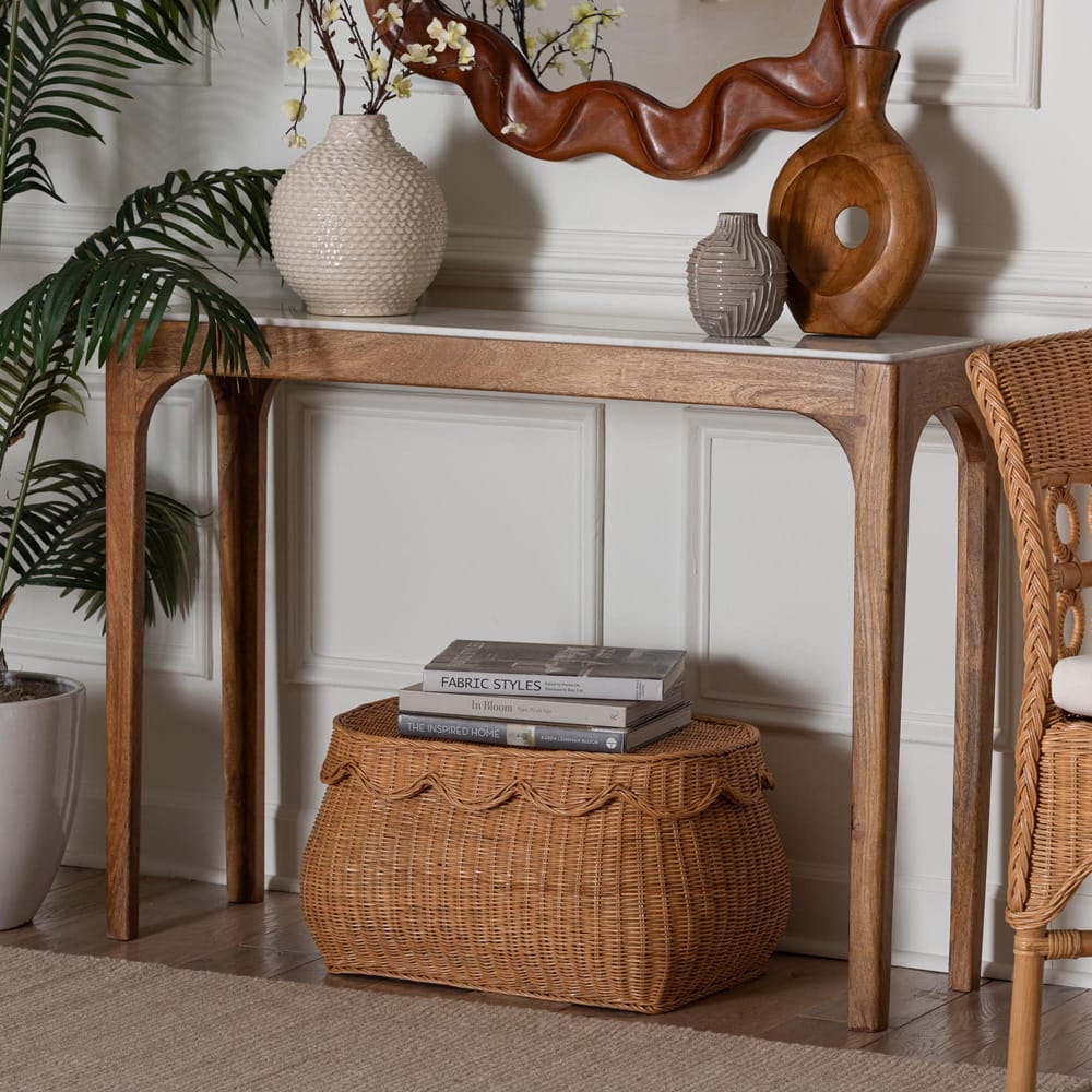 Baxton Studio - Lluvia Console Table in Marble White/Walnut Brown - FUR6894-Natural Marble Top-Console Table view 6