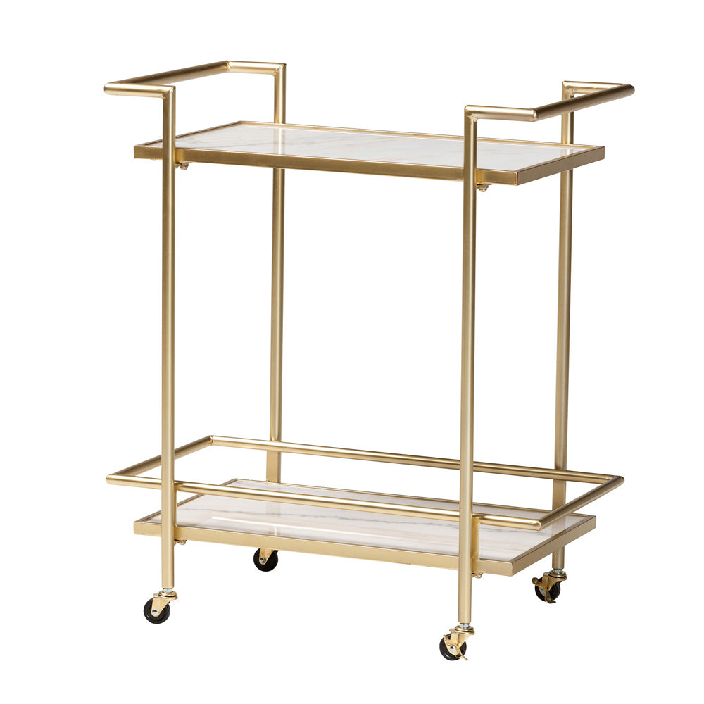 Baxton Studio - Louise Kitchen Cart in Gold/White Marble - H01-98877-Gold/White Marble-Cart view 1