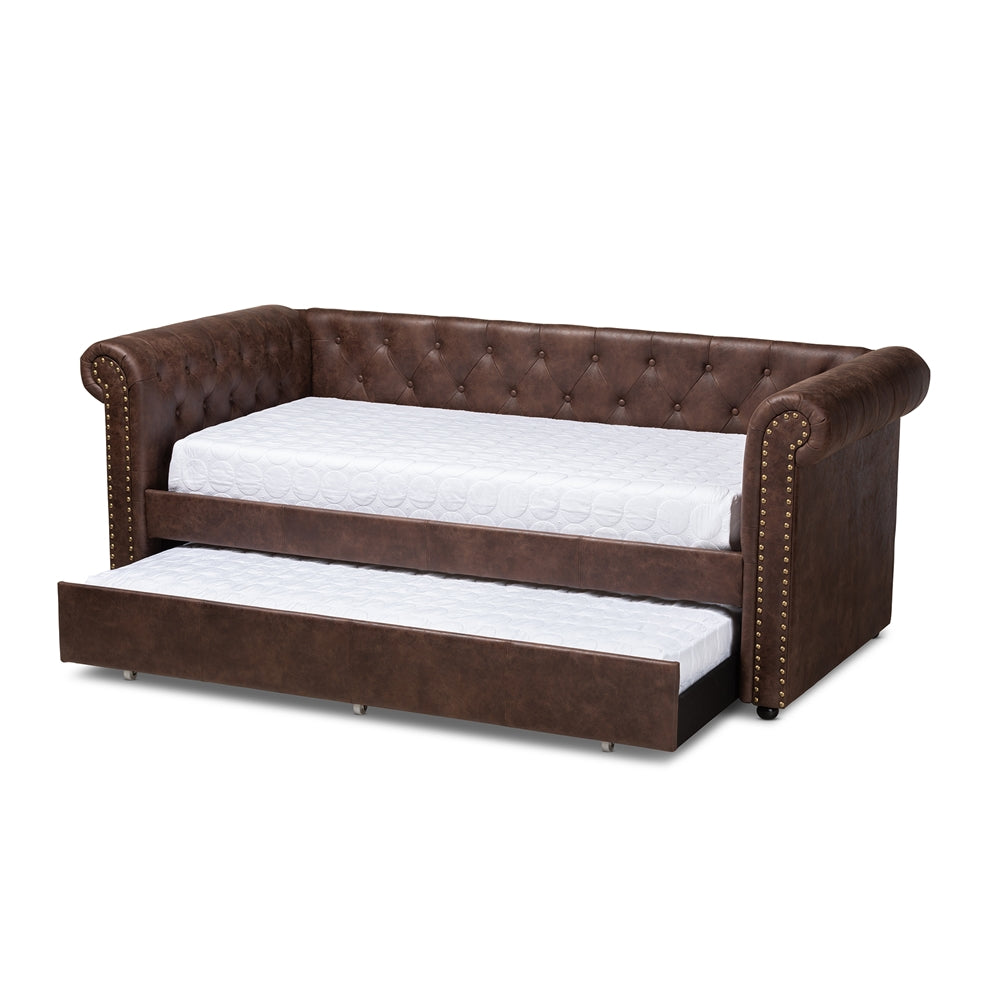 Baxton Studio - Mabelle Twin Size Daybed with Trundle in Brown - Ashley-Brown-Daybed view 2