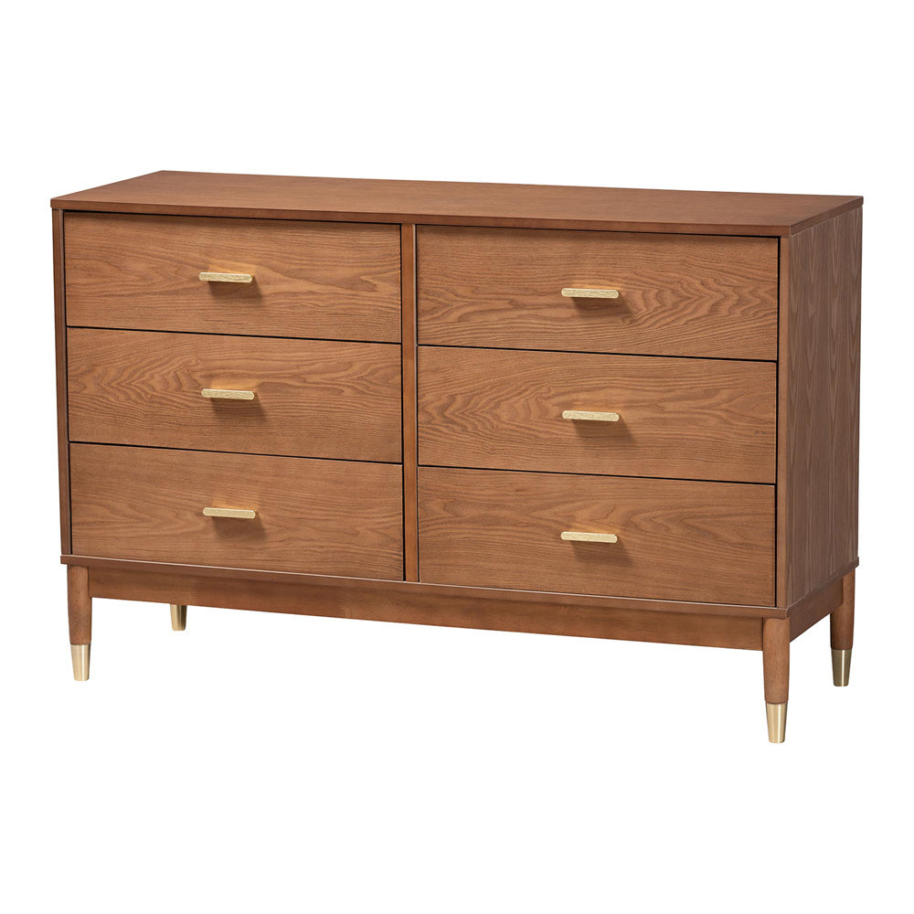 Baxton Studio - Mandolin Dresser in Walnut Brown/Gold - MG9010-Ash Walnut/Gold-6DW-Dresser view 1