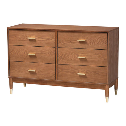 Baxton Studio - Mandolin Dresser in Walnut Brown/Gold - MG9010-Ash Walnut/Gold-6DW-Dresser view 1