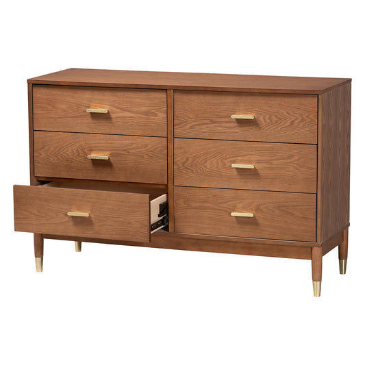 Baxton Studio - Mandolin Dresser in Walnut Brown/Gold - MG9010-Ash Walnut/Gold-6DW-Dresser view 2
