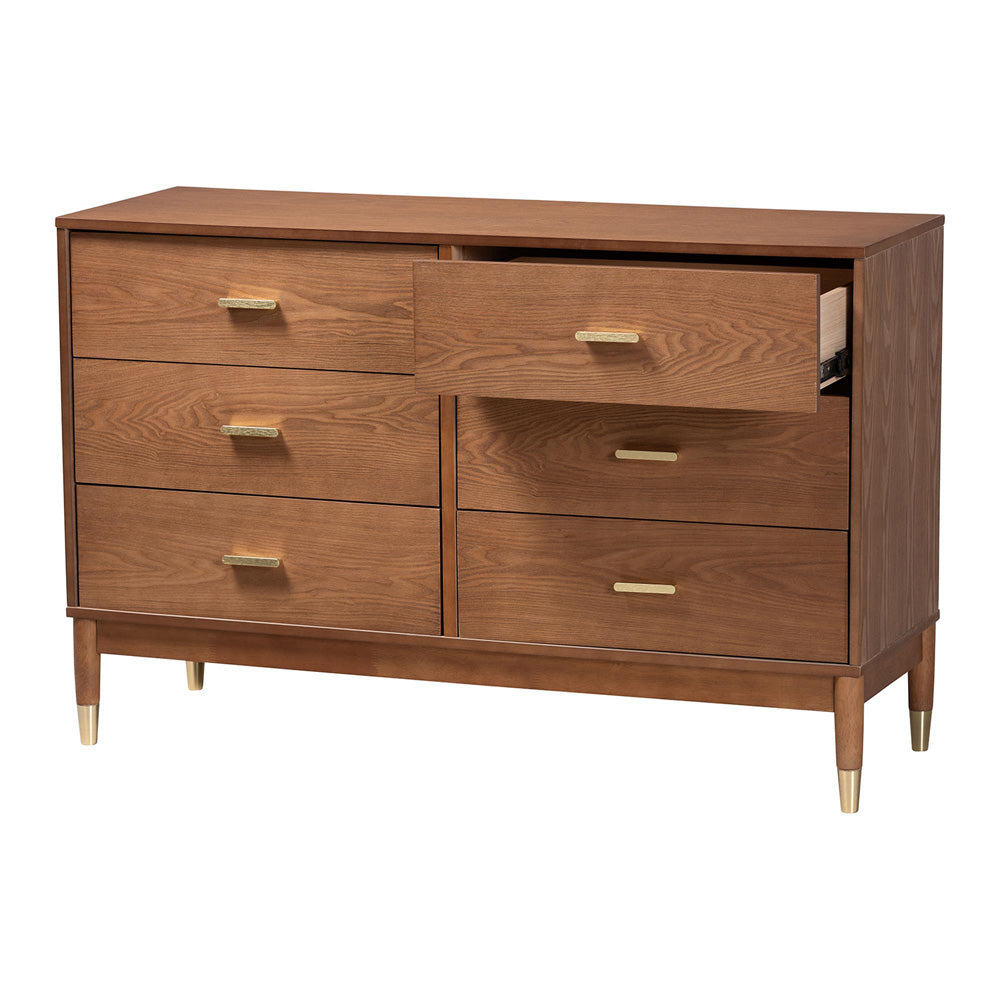 Baxton Studio - Mandolin Dresser in Walnut Brown/Gold - MG9010-Ash Walnut/Gold-6DW-Dresser view 3