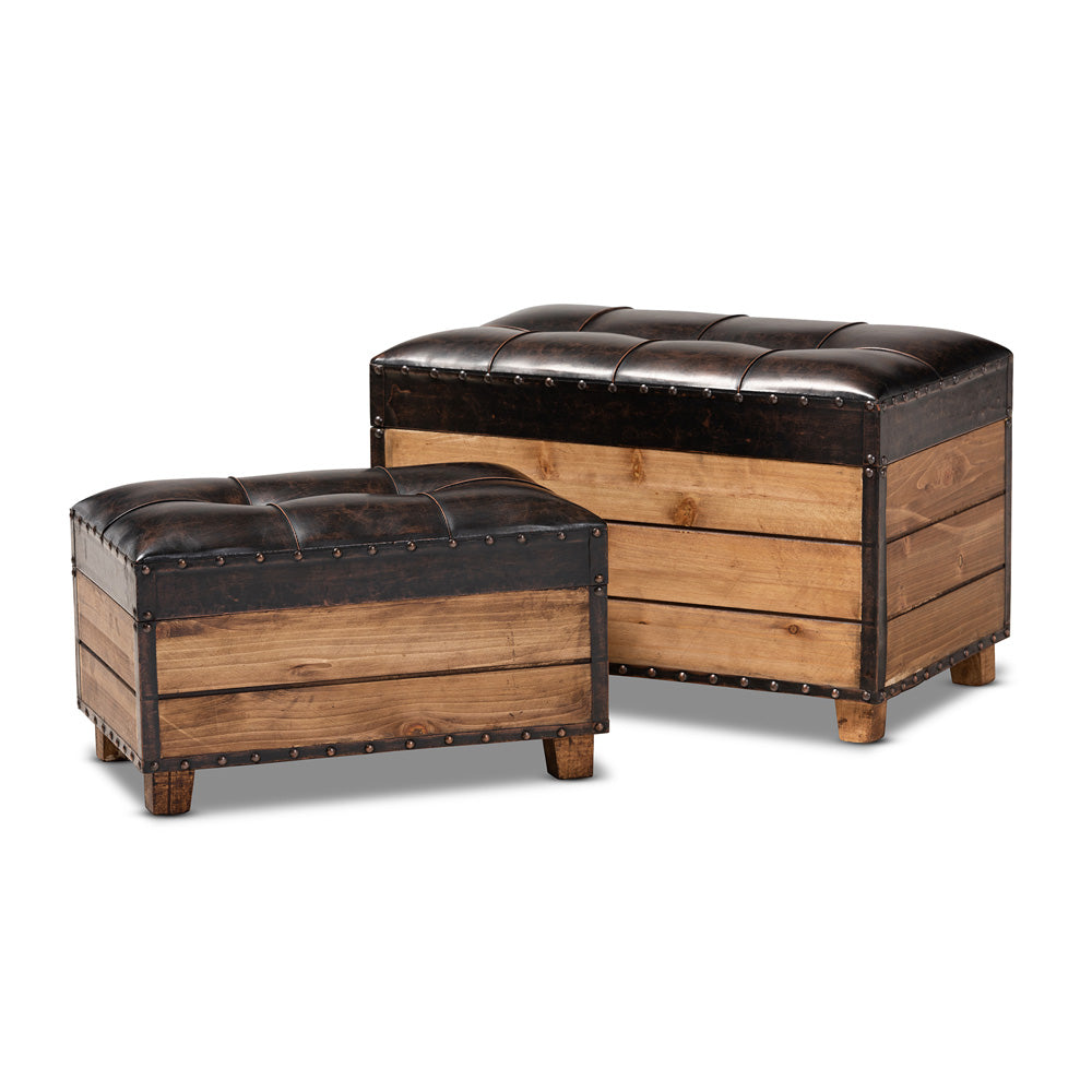 Baxton Studio - Marelli Set of 2 Ottomans in Dark Brown/Golden Oak - JY17A053-Dark Brown-2PC Ottoman Set view 1