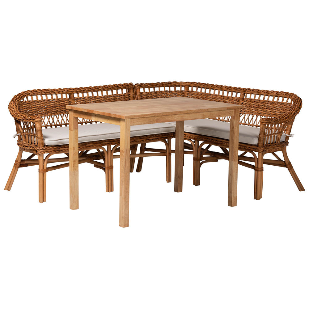 Baxton Studio - Modern Dining Set in White/Oak Brown/Natural Brown - Nella-Natural/Light Honey Rattan-3PC Dining Set  view 1