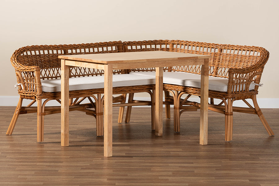 Baxton Studio - Modern Dining Set in White/Oak Brown/Natural Brown - Nella-Natural/Light Honey Rattan-3PC Dining Set  view 10