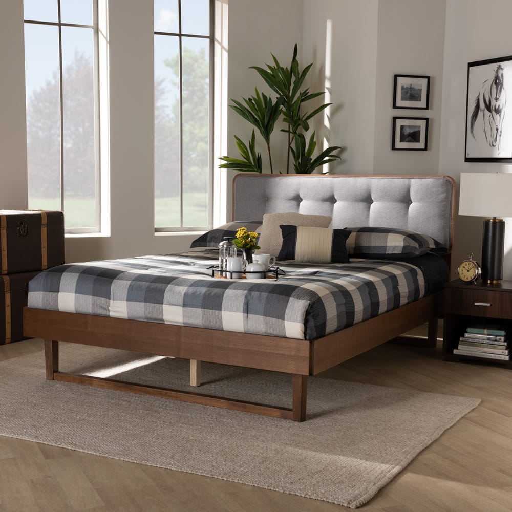 Baxton Studio - Natalia Queen Size Bed in Light Gray/Walnut - Natalia-Light Grey/Ash Walnut-Queen view 6